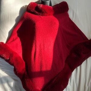 Red Fur Rimmed Women's Poncho